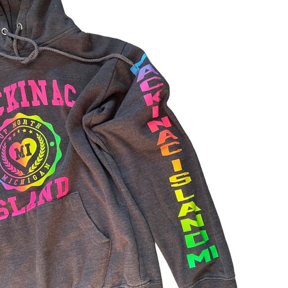 Mackinac Island Hoodie Infinity Apparel Size S Charcoal Gray With Colorful Print - Picture 7 of 9